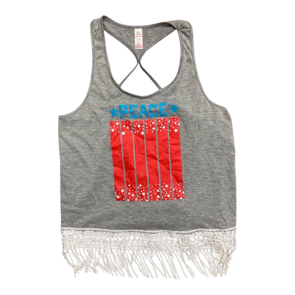 Gray Fringe Tank Top with Red and Blue Design